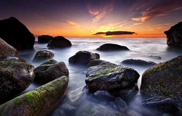 Picture sea, stones, rocks, dawn