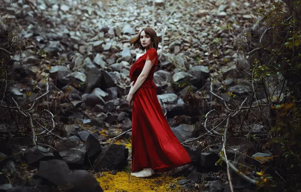 Forest, girl, stones, dress, in red, Ronny Garcia, No way out