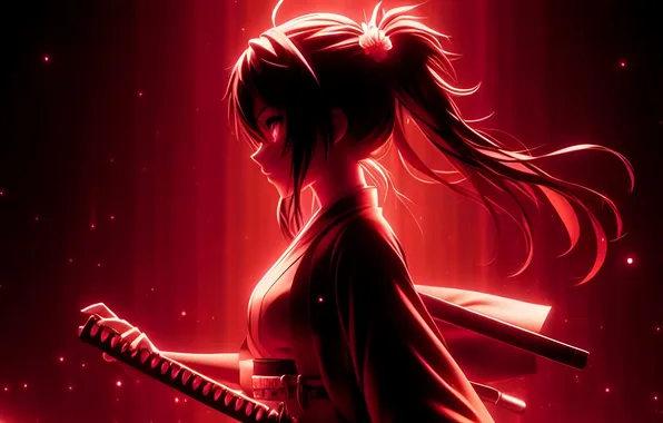 Girl, sword, katana, anime, swordsman