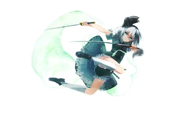 Jump, white background, knee, bow, touhou, white hair, swords, art