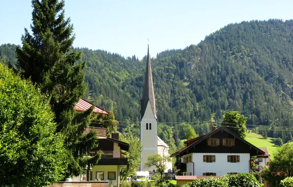 Picture forest, trees, mountains, home, Germany, Bayern, Alps, Church