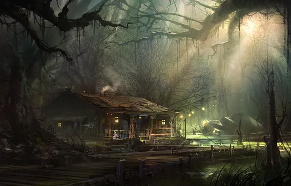 Picture forest, trees, house, smoke, swamp, truck, infamous 2