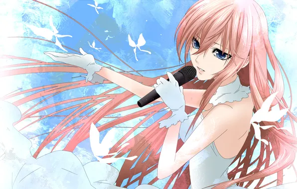 Picture girl, butterfly, dress, gloves, microphone, vocaloid, megurine luka, singing