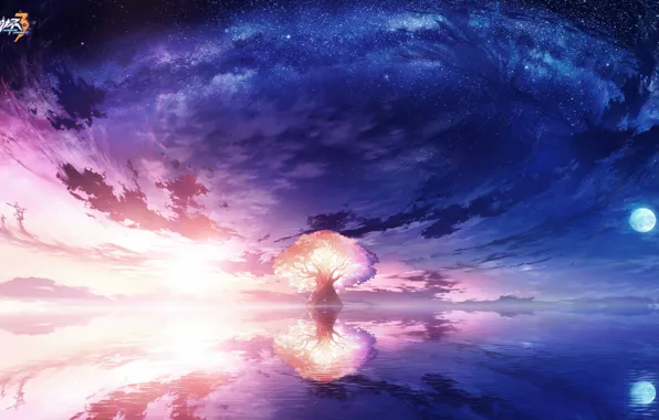 Picture Honkai Impact 3, trees, the moon, water, night, the sky, sunset