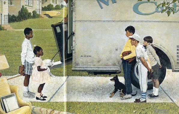 Picture children, dog, Illustration, white fluffy cat, Norman Rockwell, New Kids in the Neighbourhood 1967