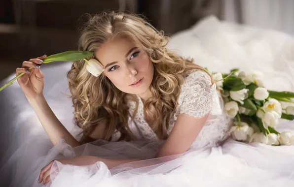 Picture look, girl, flowers, pose, mood, hair, hands, curls