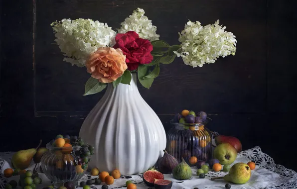 Flowers, fruit, still life, plum, pear, apricots, figs