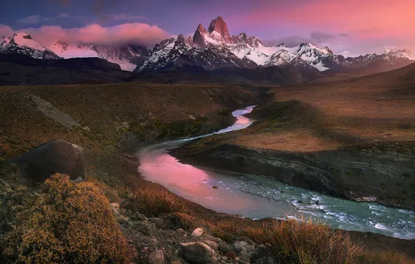 Clouds, snow, sunset, mountains, stream, stones, hills, tops