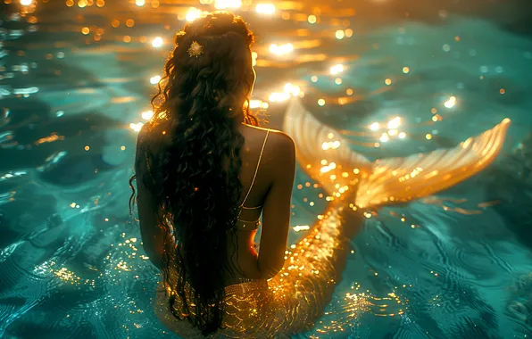 Water, Girl, Mermaid, Hair, Tail, Digital art, Back, AI art