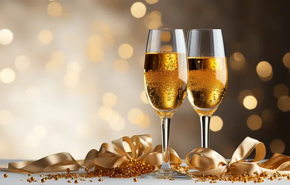 Picture decoration, gold, balls, New Year, glasses, golden, new year, champagne