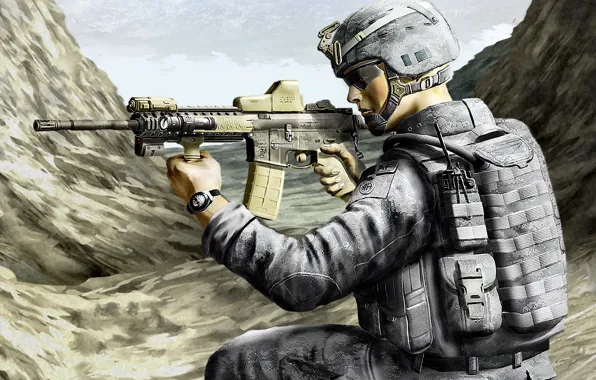 Helmet, Soldiers, Art, Automatic rifle, The vest, USA Army, Rengers