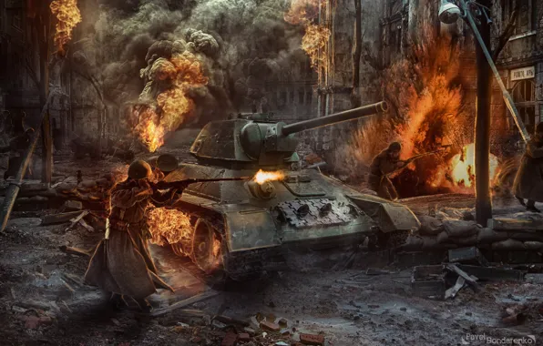 Fire, war, USSR, tank, war, ussr, Pavel Bondarenko, Stalingrad