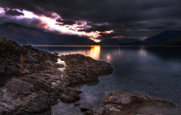 Mountains, clouds, lake, stones