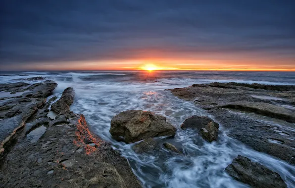 Sea, the sun, sunset, shore, horizon, the reflection, rocky