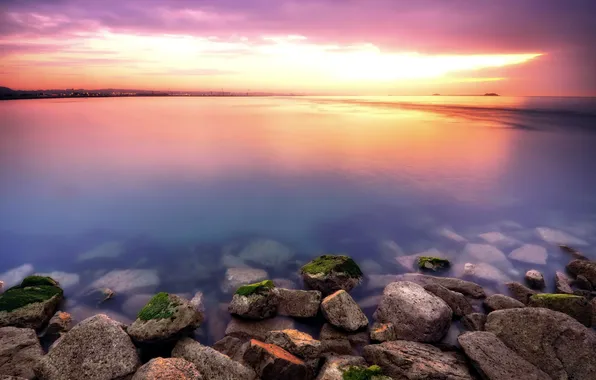Sea, landscape, sunset, nature, stones