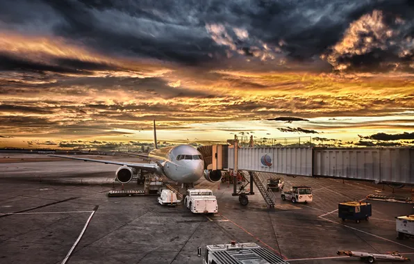 The sky, clouds, landscape, sunset, the plane, paint, colors, airport