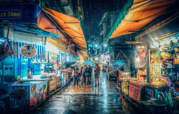 Night, lights, people, rain, neon, Taiwan, umbrellas, market