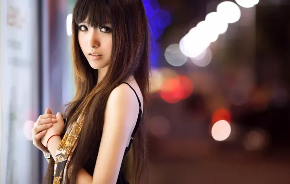 Girl, Asian, city lights