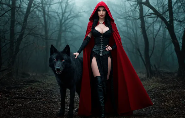 Forest, girl, wolf, art, wallpaper, girl, forest, art