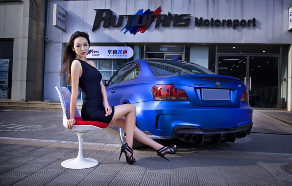 Look, girl, BMW, chair, Asian, beautiful girl, blue auto