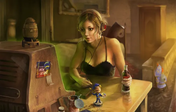 Girl, headphones, Fallout 3, nuka cola