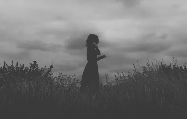 Girl, field, clouds, black dress