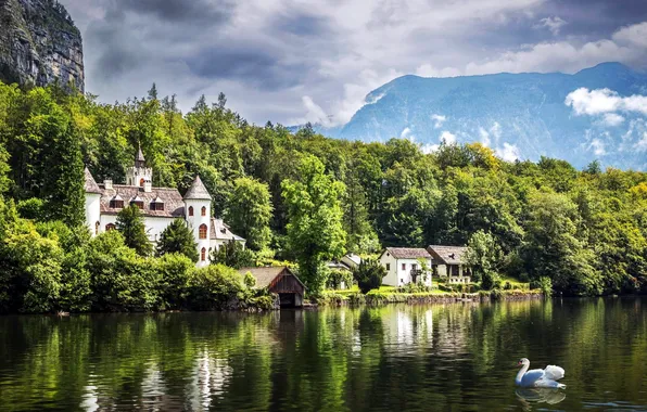 Forest, mountains, nature, lake, castle, beauty, Austria, Lake Hallstatt