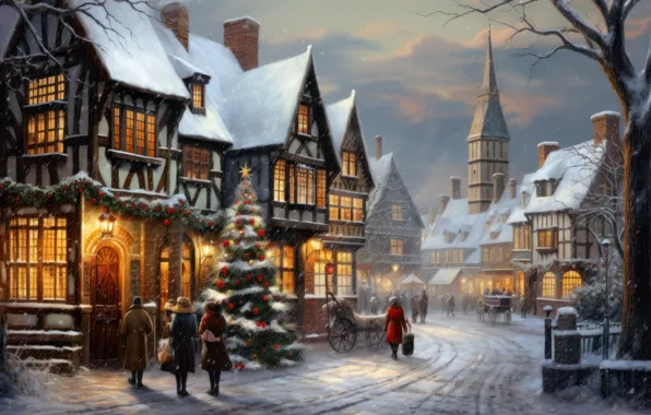 Winter, snow, the city, house, building, home, Christmas, New year