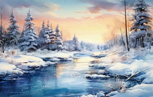 Picture winter, forest, snow, trees, landscape, nature, shore, picture