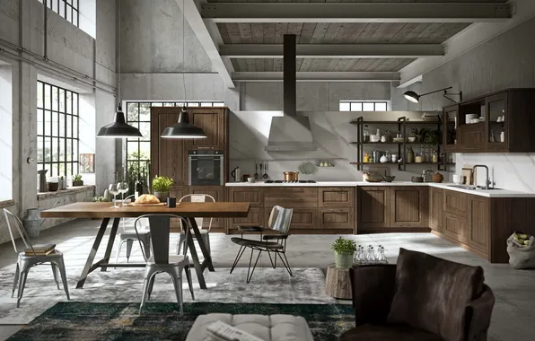 Style, Villa, interior, Italy, kitchen, dining room, dining area, loft