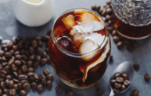Glass, coffee, ice, cream, spoon, cocktail, drink, coffee beans