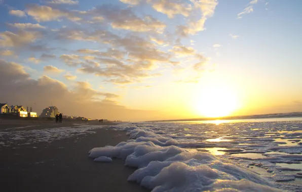 Sea, beach, the sun, clouds, shore, morning, sea foam