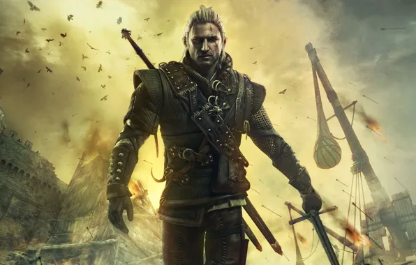 Picture castle, war, sword, art, hero, arrows, trebuchet, the witcher 2