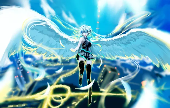 Picture girl, the city, lights, wings, anime, art, vocaloid, hatsune miku