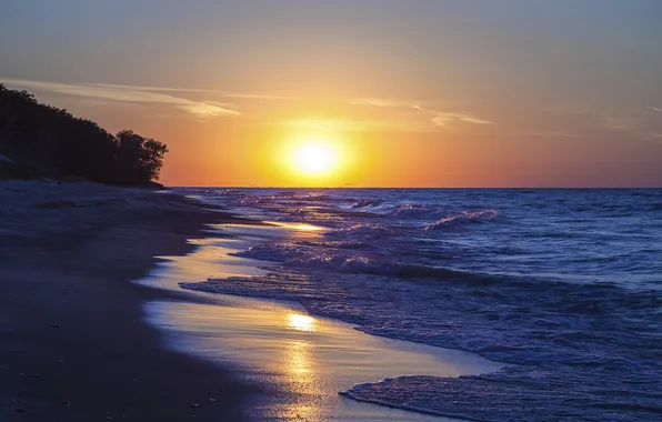 Beach, the sun, sunset, coast, Indiana, lake Michigan, Lake Michigan, Indiana