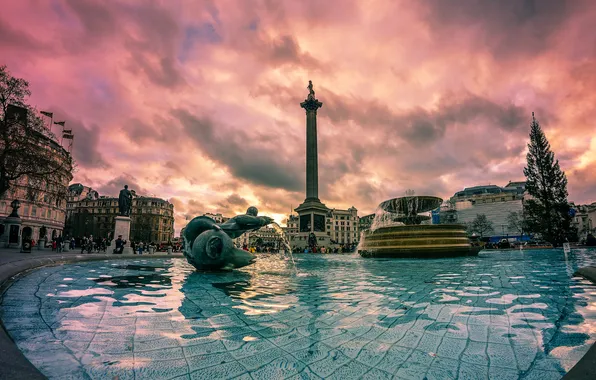 The sky, clouds, England, London, fountain, Trafalgar square
