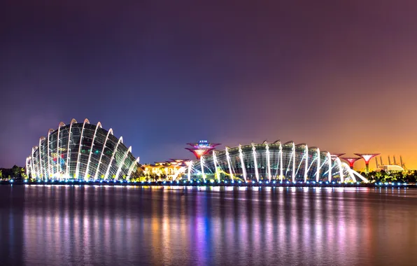 Water, night, the city, lights, reflection, building, the evening, Bay