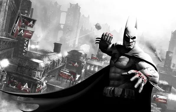 Picture the city, batman, blood, Batman, the airship, fist, Gotham, arkham city