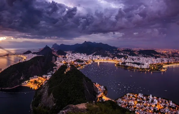 Landscape, mountains, night, clouds, the city, lighting, Bay, Brazil