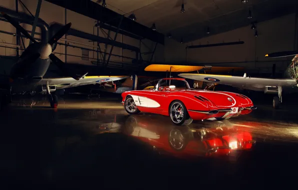 Picture red, tuning, Corvette, Chevrolet, hangar, twilight, Chevrolet, drives