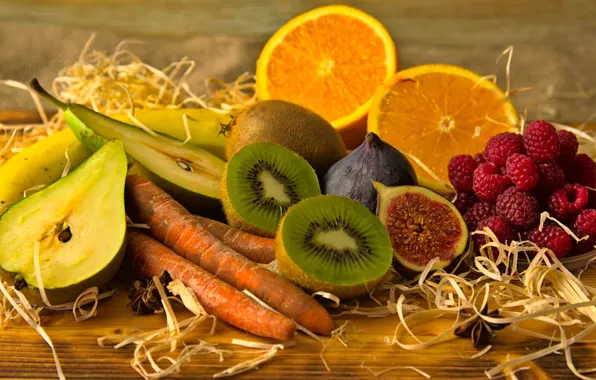Berries, raspberry, Board, oranges, kiwi, fruit, vegetables, pear