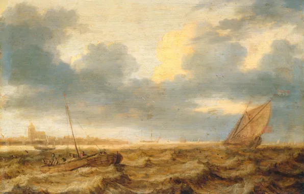 Tree, oil, picture, sail, seascape, Yang Porcellis, Fishing Boats in a Stormy Sea