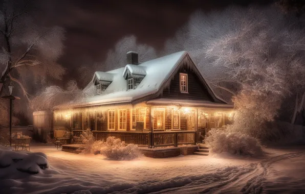 Winter, frost, road, roof, forest, light, snow, trees
