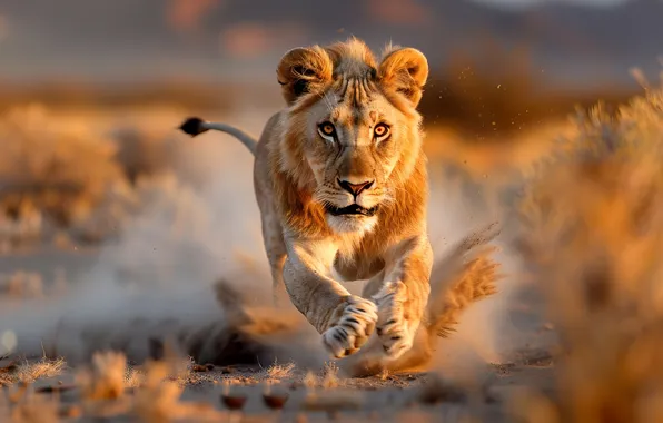 Running, Leo, Predator, Savannah, Front, Digital art, Big cat, AI art