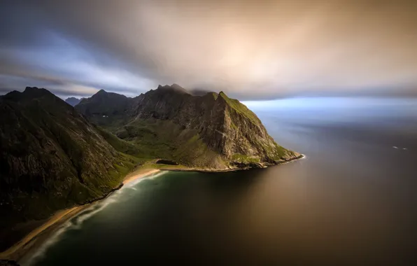 Sea, clouds, mountains, rocks, coast, Norway, panorama, The Lofoten Islands