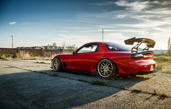 Picture the sky, clouds, shadow, red, side view, red, mazda, Mazda