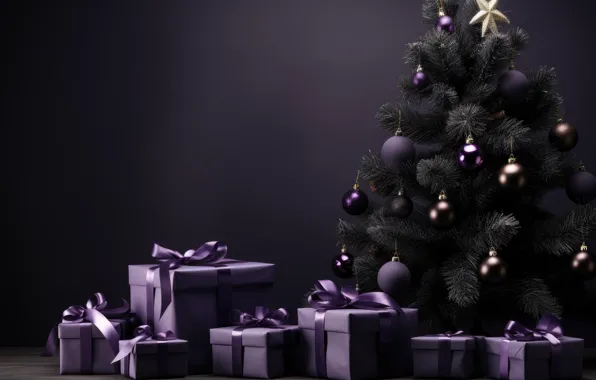 Balls, the dark background, Christmas, purple, gifts, New year, tree, bows