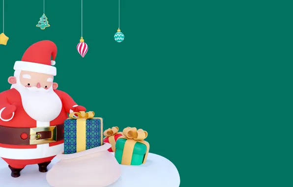 Rendering, Christmas, gifts, New year, Santa Claus, bag, green background, box