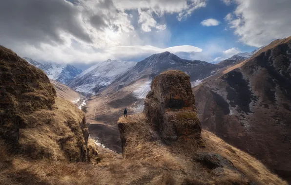 Clouds, landscape, mountains, nature, people, North Ossetia, gorge Sangati
