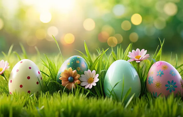 Flowers, eggs, spring, colorful, Easter, happy, flowers, spring
